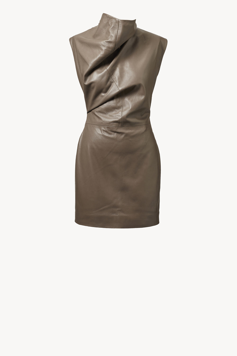taupe leather dress Taupe Pu Faux Leather Midi Dress, With High Neck Design 4EVER STUNNING